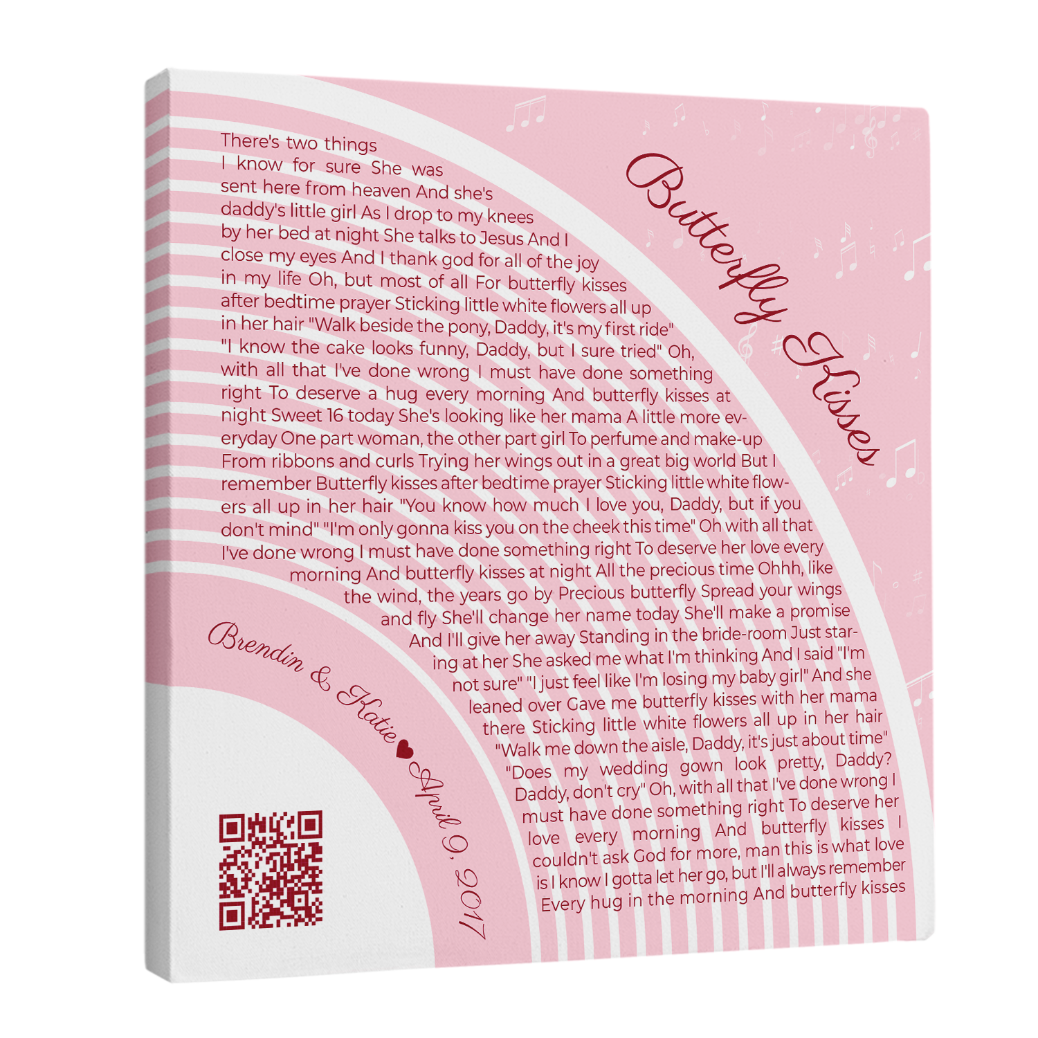 Custom Song Lyrics Pastel Pink Canvas Print With QR Code