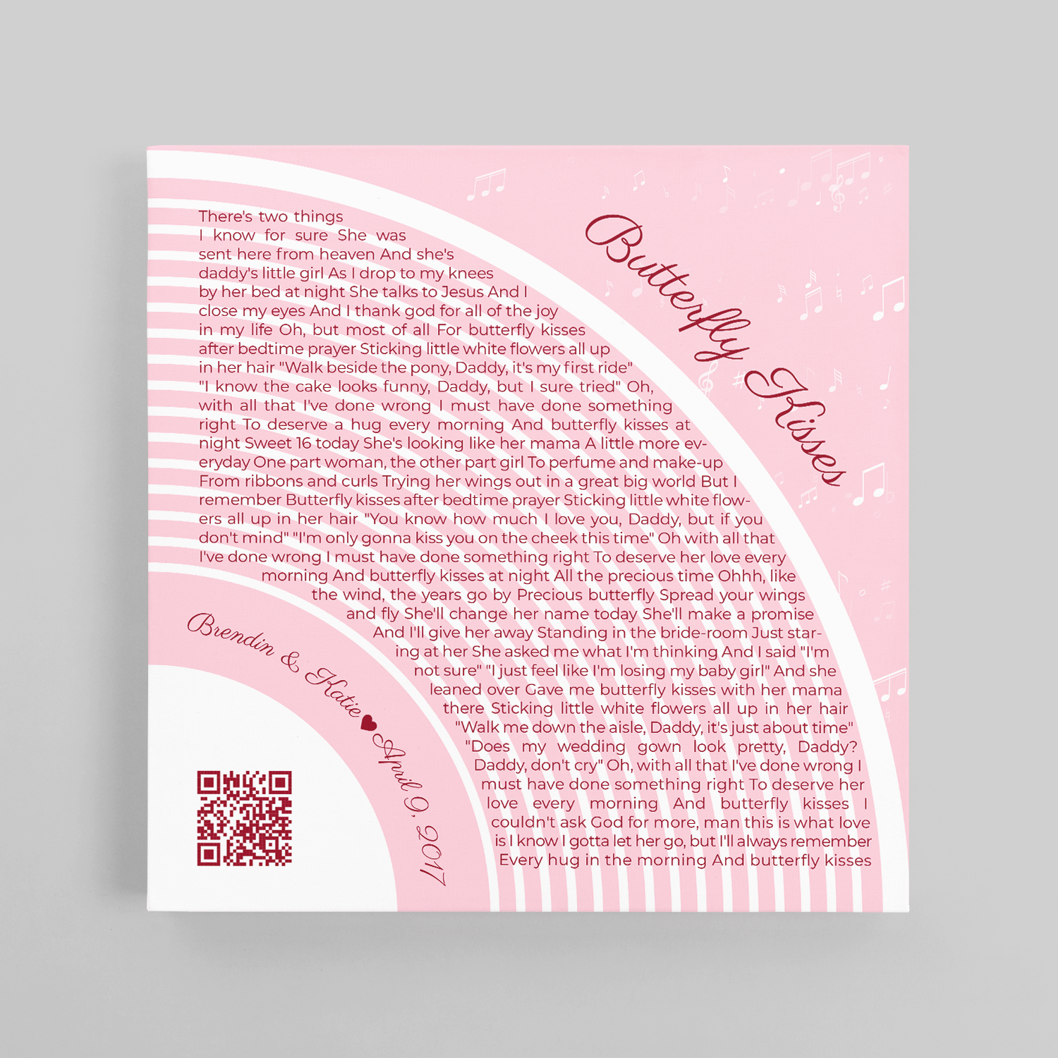 Custom Song Lyrics Pastel Pink Canvas Print With QR Code