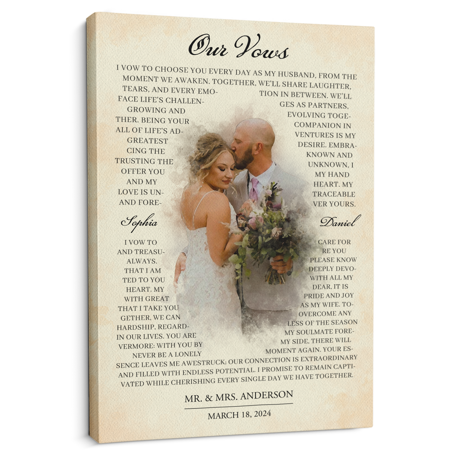 Watercolor Wedding Canvas Featuring Personalized Photo & Vows