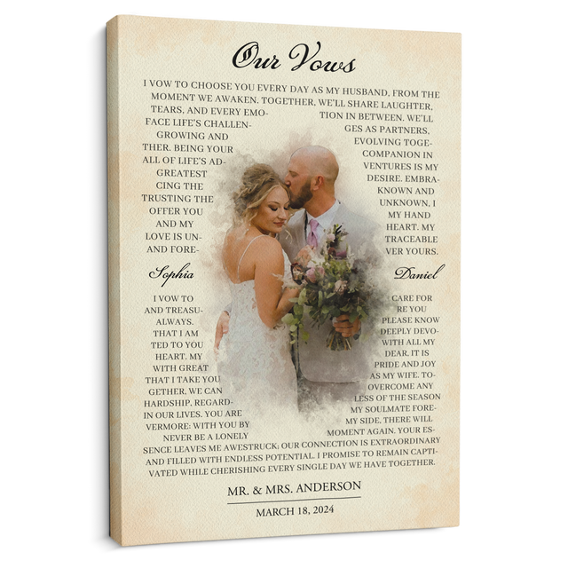 Watercolor Wedding Canvas Featuring Personalized Photo & Vows