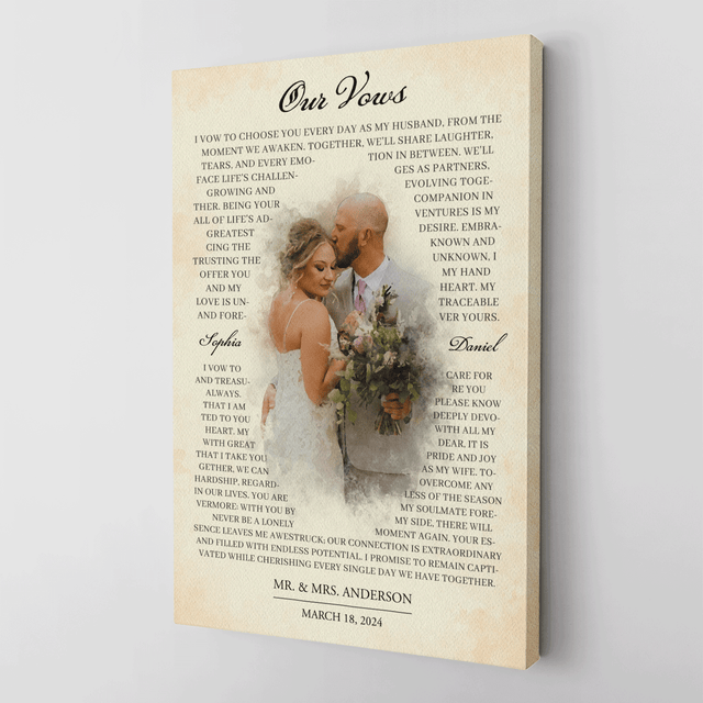 Watercolor Wedding Canvas Featuring Personalized Photo & Vows