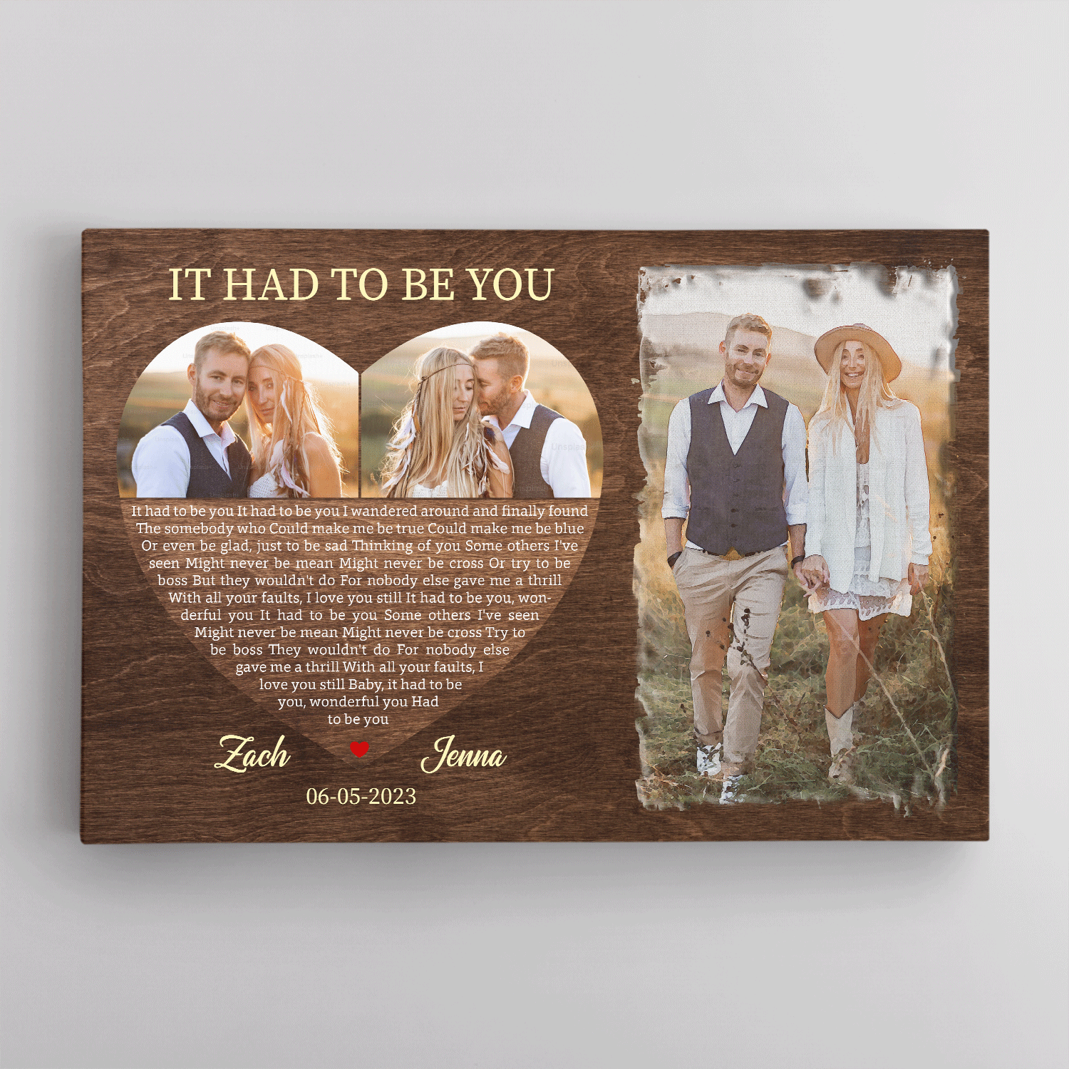 Custom Couple Portrait, Watercolor & Heart Shape Lyrics Wall Art