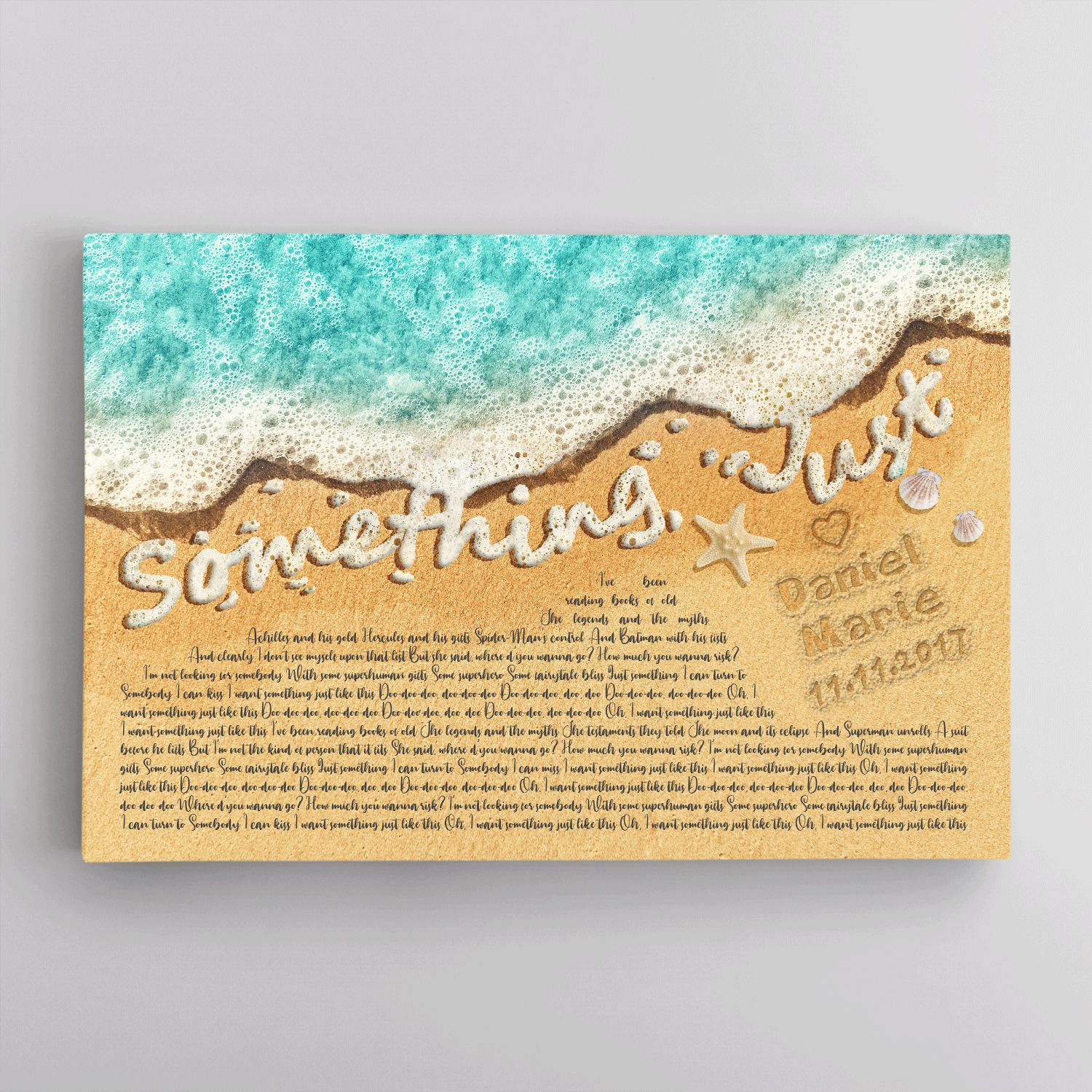 Custom Song Lyrics in The Sand Ocean Canvas Wall Art, Custom Name and Date