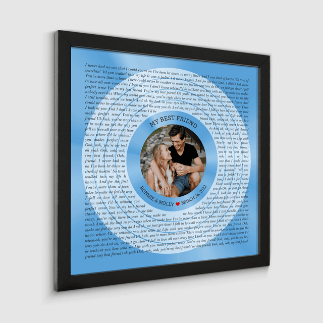 Circular Photo Ice Blue Framed Art Print, Custom Song Lyrics & Name