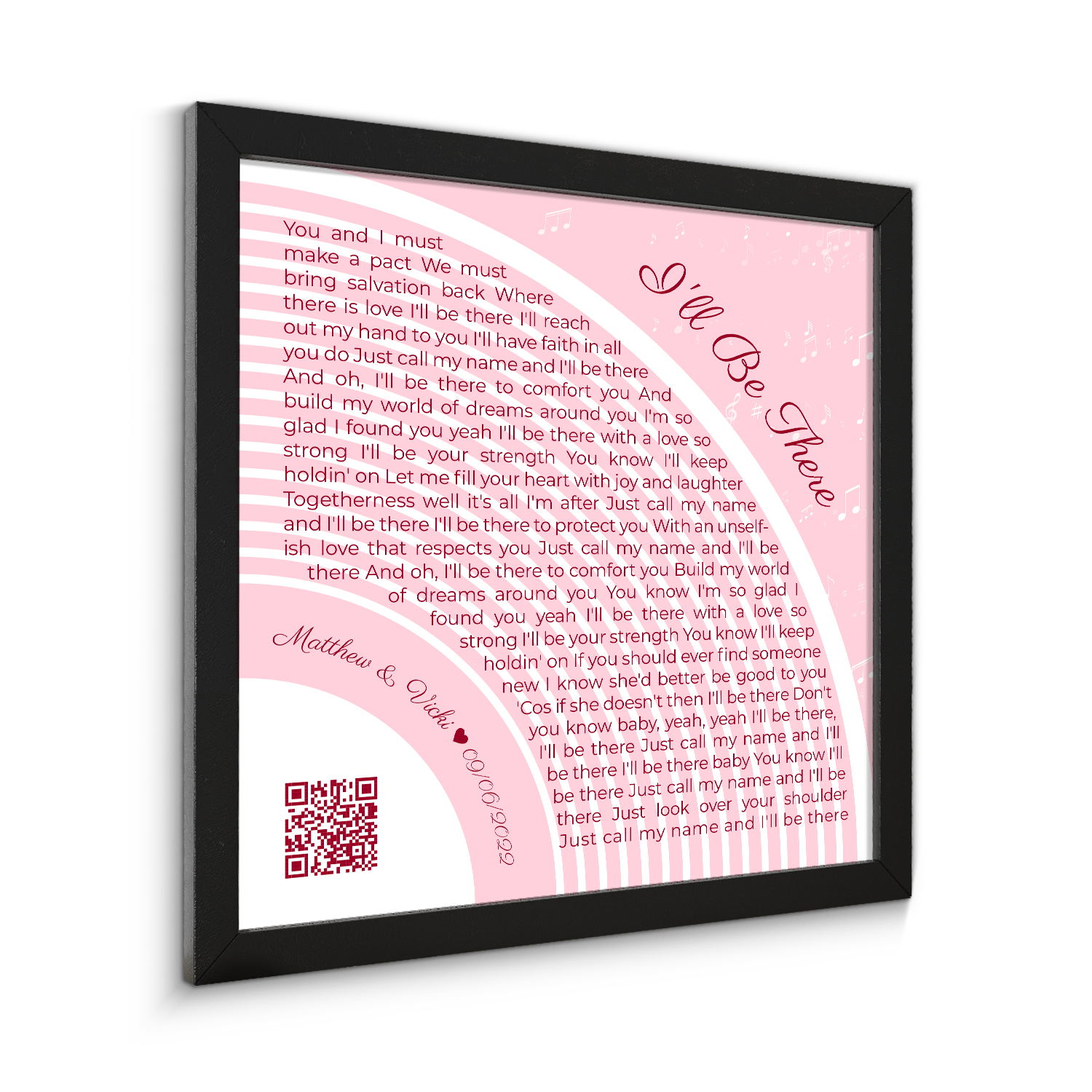 Custom Song Lyrics Wall Art With QR Code, Pastel Pink Framed Art Print