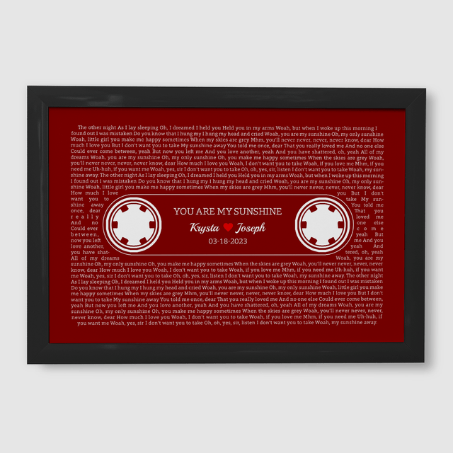 Maroon Retro Cassette Tape Design, Personalized Song Lyrics Framed Art Print