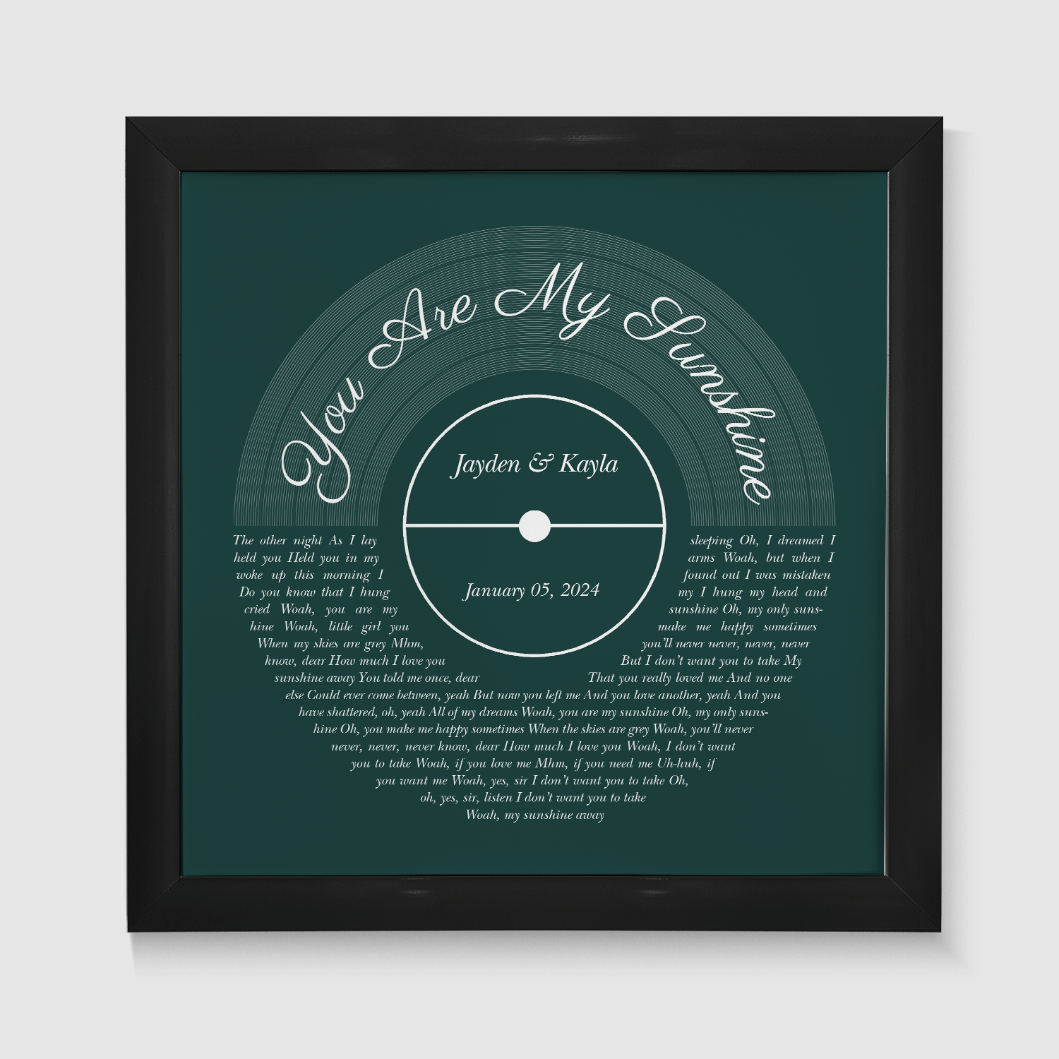 Forest Green Framed Art Print, Custom Song Lyrics & Name
