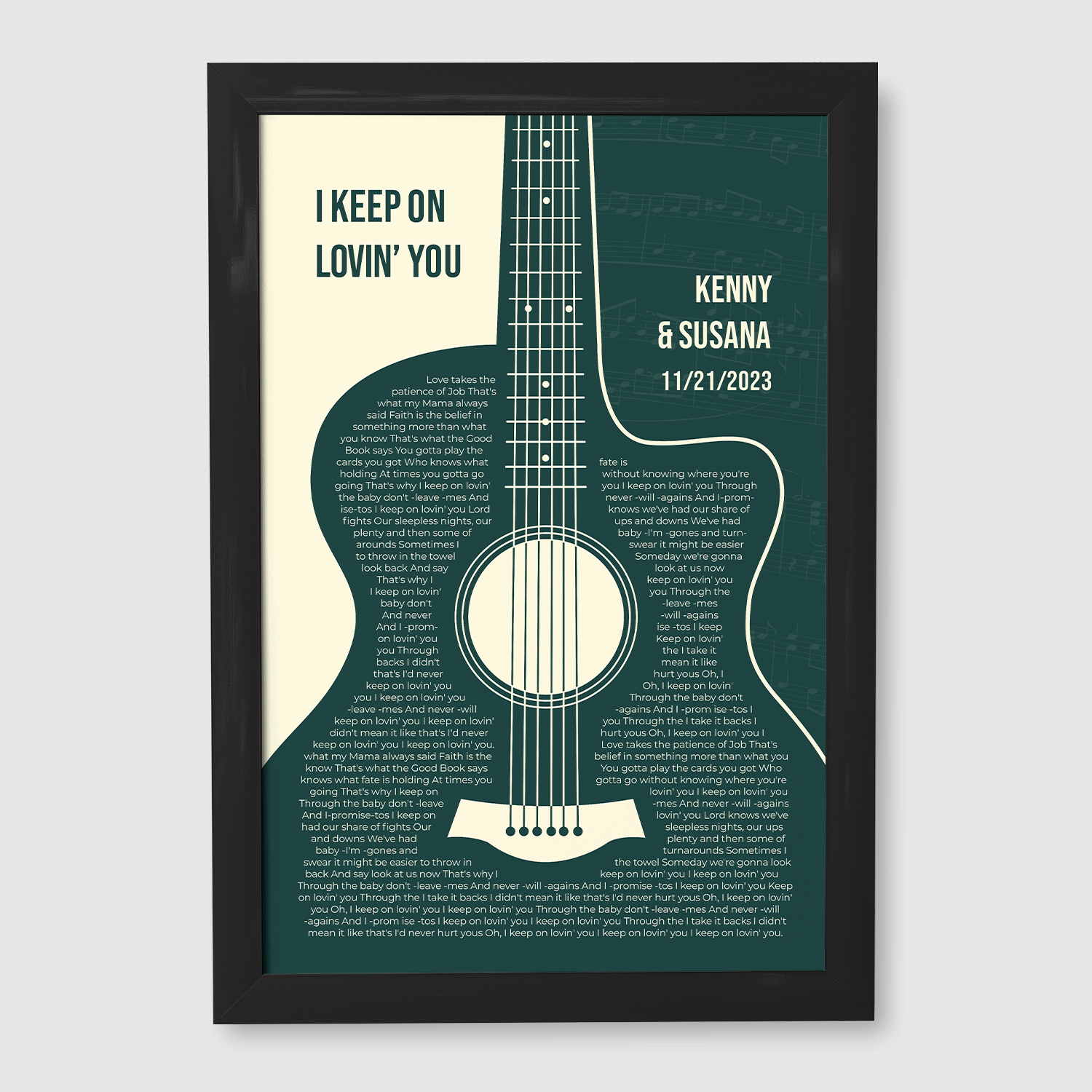 Forest Green Guitar Design, Personalized Song Lyrics Framed Art Print
