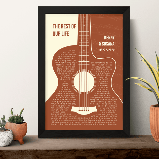 Orange Retro Guitar, Personalized Song Lyrics Framed Art Print