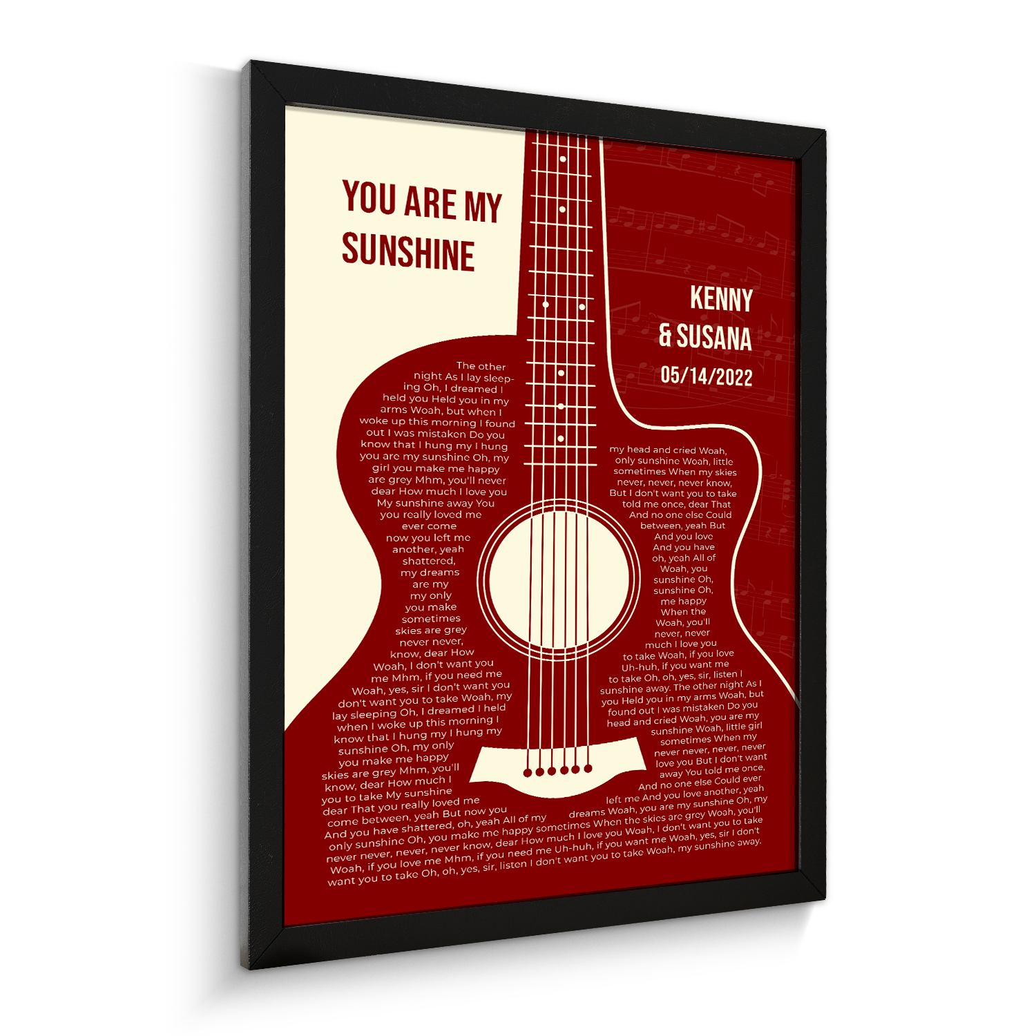Antique Maroon Retro Guitar Design, Personalized Song Lyrics Framed Art Print