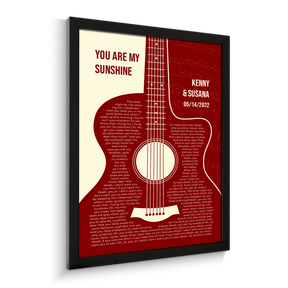 Antique Maroon Retro Guitar Design, Personalized Song Lyrics Framed Art Print