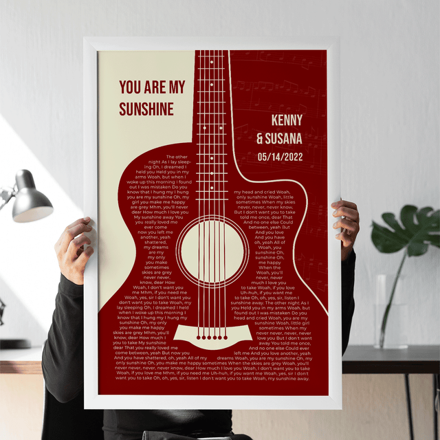 Antique Maroon Retro Guitar Design, Personalized Song Lyrics Framed Art Print