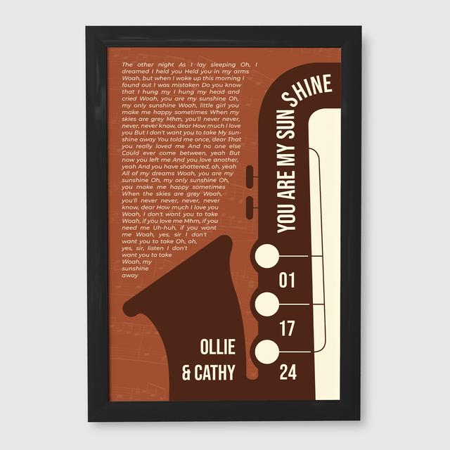 Vintage Orange Saxophone Design Framed Art Print, Custom Song Lyrics