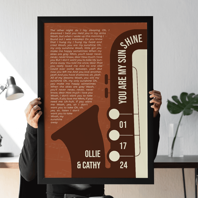 Vintage Orange Saxophone Design Framed Art Print, Custom Song Lyrics