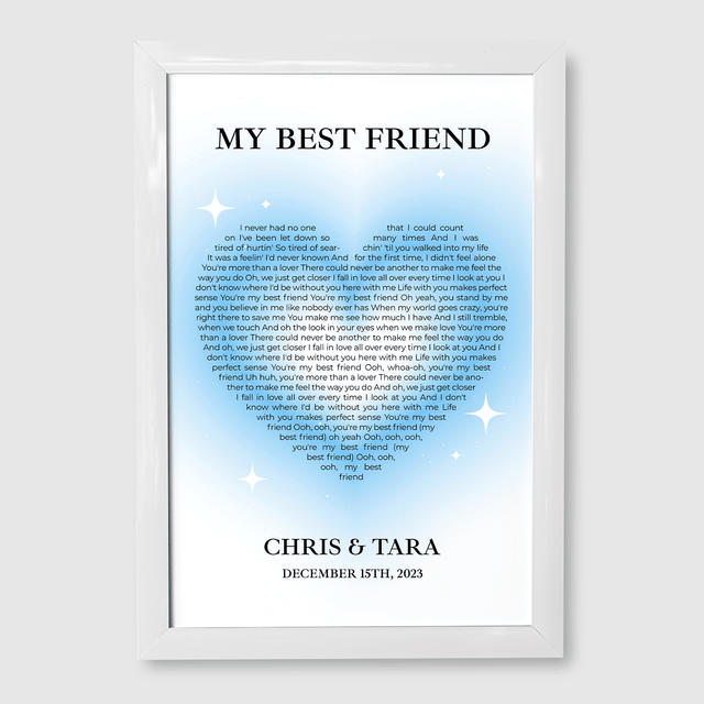 Ice Blue Heart Shaped Framed Art Print, Custom Song Lyrics & Name