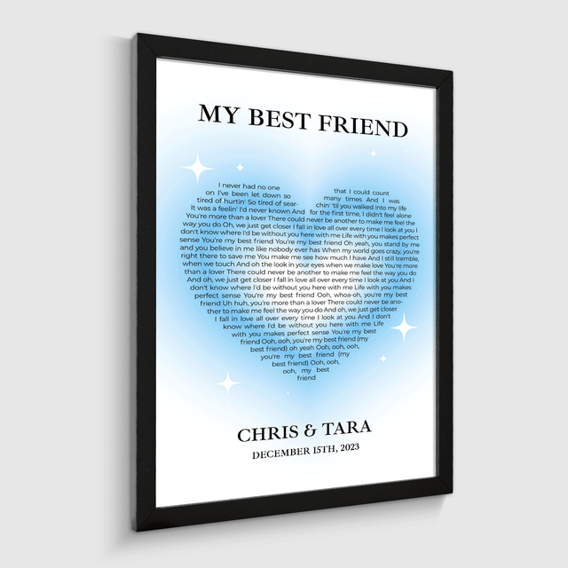 Ice Blue Heart Shaped Framed Art Print, Custom Song Lyrics & Name