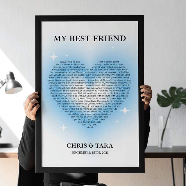 Ice Blue Heart Shaped Framed Art Print, Custom Song Lyrics & Name