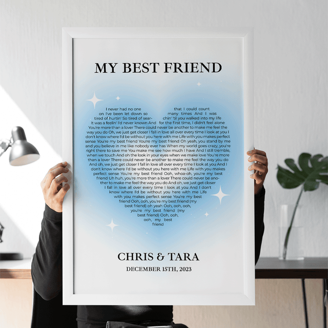 Ice Blue Heart Shaped Framed Art Print, Custom Song Lyrics & Name