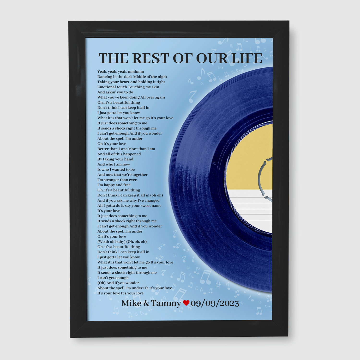 Personalized Favorite Song Lyrics Vinyl Record Print, Ice Blue Framed Art Print