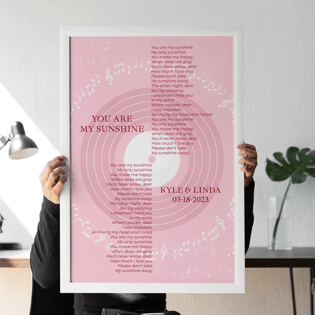 Pastel Pink Vinyl Record Framed Art Print, Personalized Song Lyrics