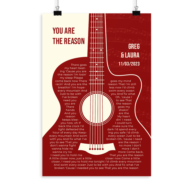 Antique Maroon Retro Guitar Design, Personalized Song Lyrics Framed Art Print