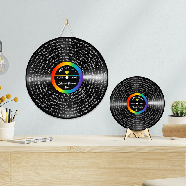 Custom Song Lyrics, Vinyl Record Art, LGBT Rainbow Style, Customizable Song Name And Text Round Wood Sign