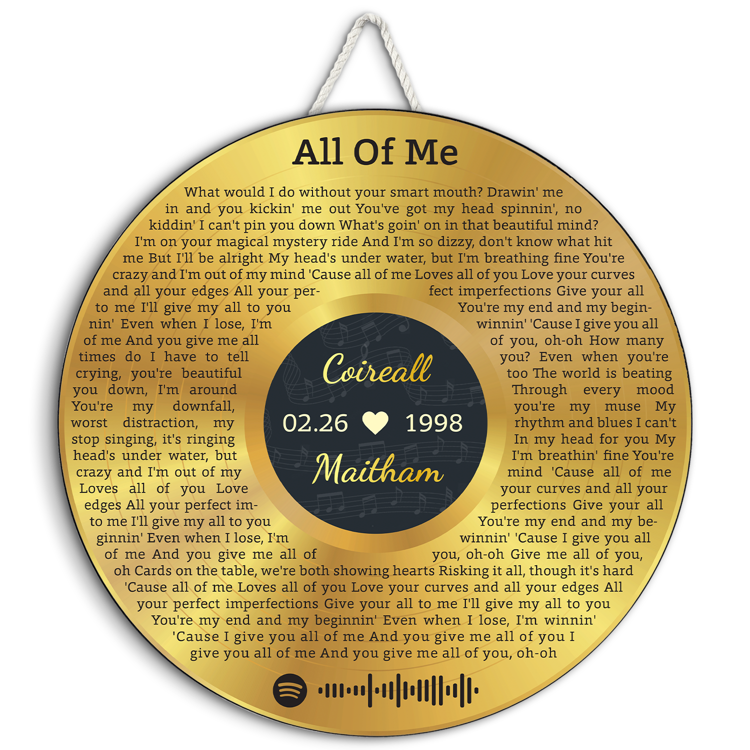 Custom Round Sign, Customizable Song Lyrics And Text, Vinyl Record Art, Gold Style