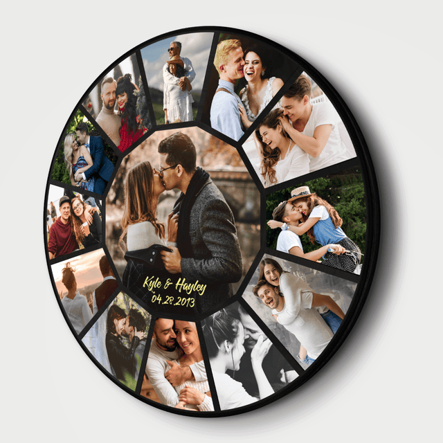 Custom Photo Collage, Customizable Name And Date, Round Wood Sign