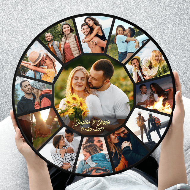 Custom Photo Collage, Customizable Name And Date, Round Wood Sign