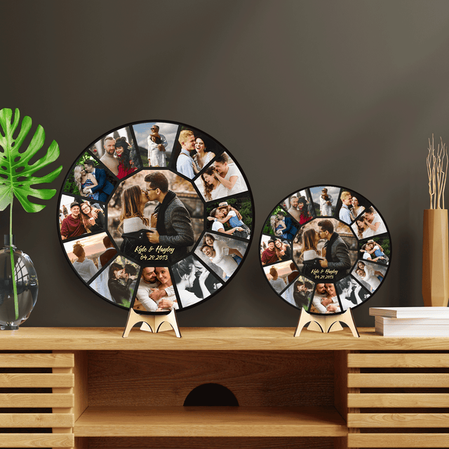 Custom Photo Collage, Customizable Name And Date, Round Wood Sign