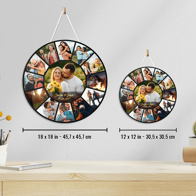 Custom Photo Collage, Customizable Name And Date, Round Wood Sign