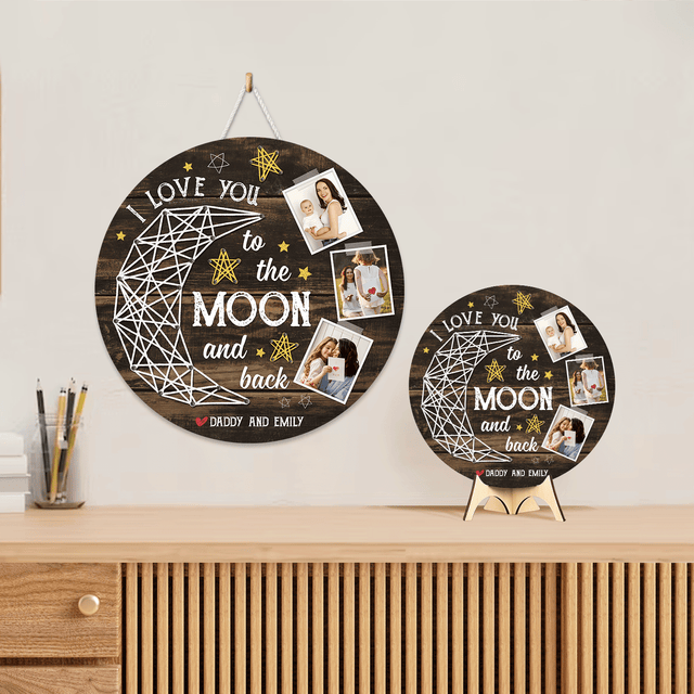 Custom Photo Collage, I Love You To The Moon And Back, Round Wood Sign