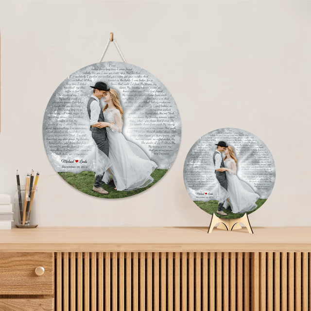 Custom Photo Name Date, Song Lyrics, Round Wood Sign