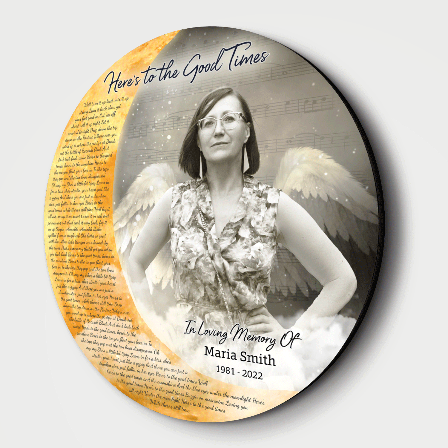 Photo Memorial with Angel Wings and Coulds, Custom Song Lyrics Round Wood Sign