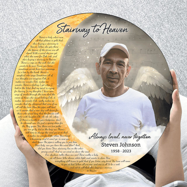 Photo Memorial with Angel Wings and Coulds, Custom Song Lyrics Round Wood Sign