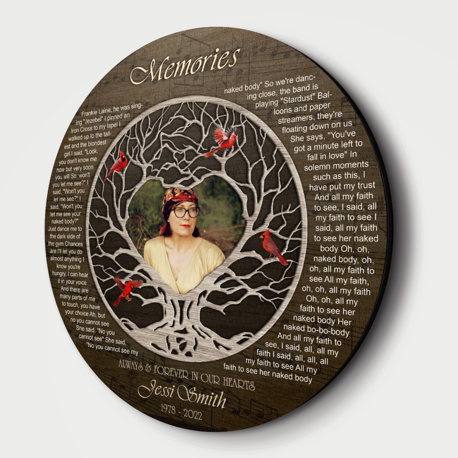 Family Tree Cardinal Memorial Round Sign, Custom Song Lyrics and Photo