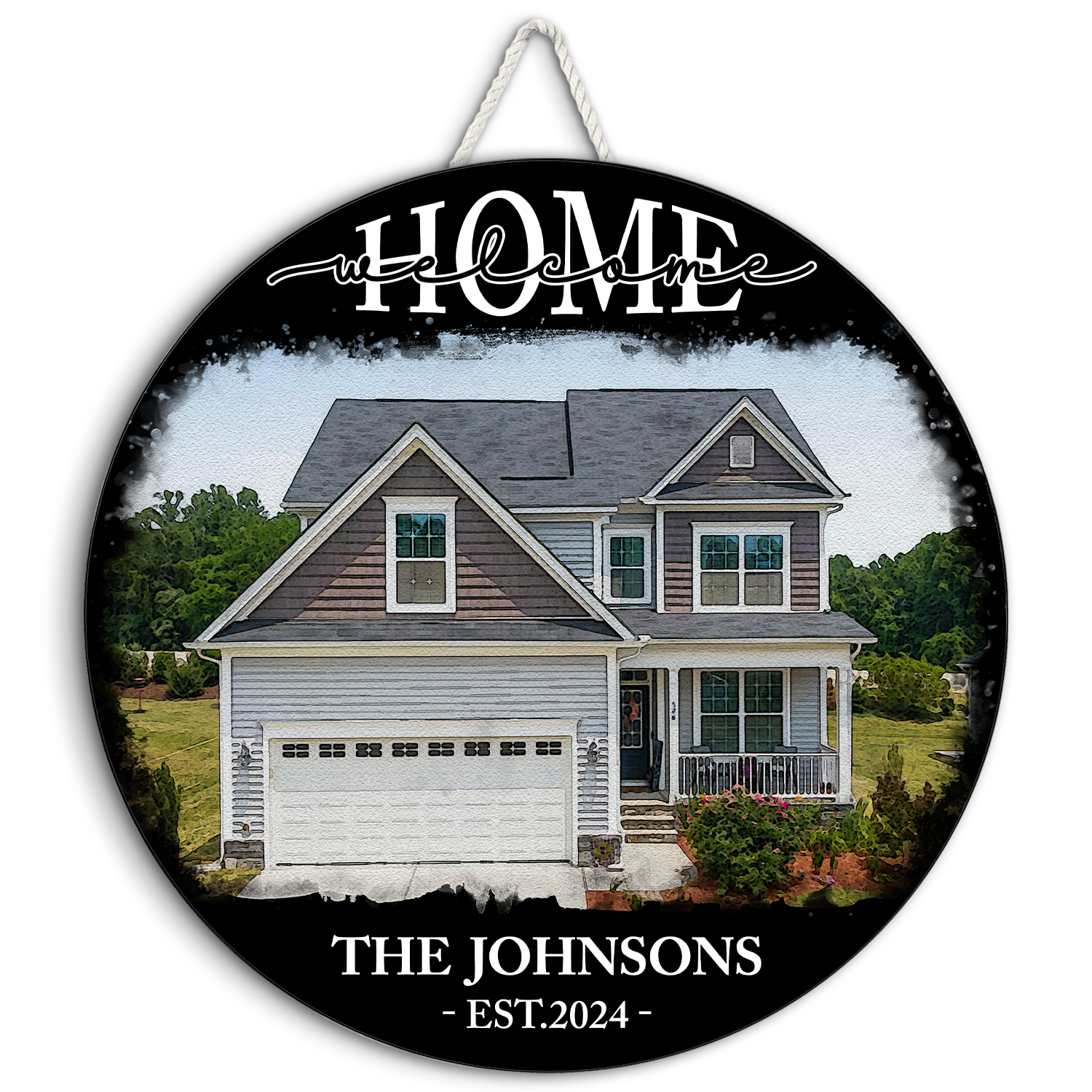 Custom House Portrait Round Wooden Sign, Housewarming Gifts