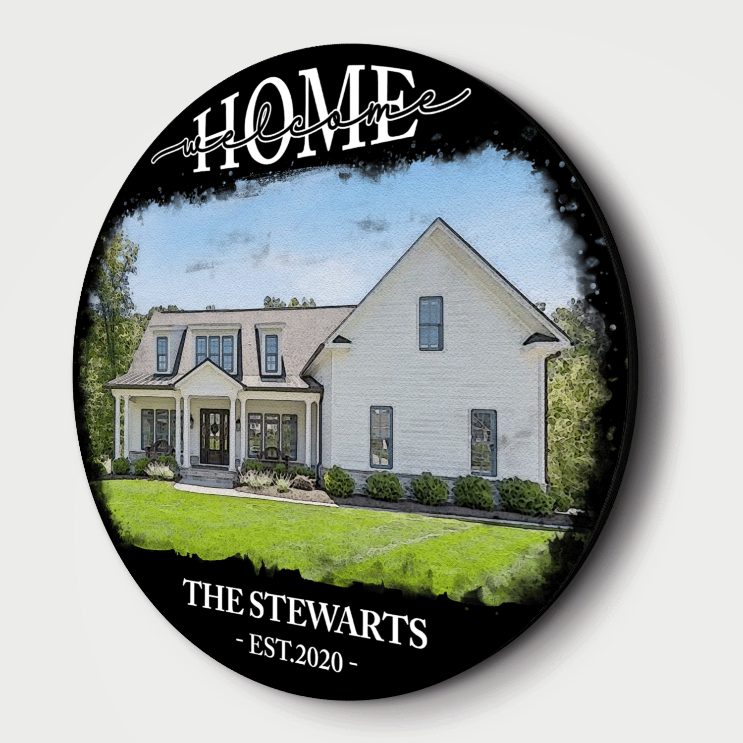 Custom House Portrait Round Wooden Sign, Housewarming Gifts