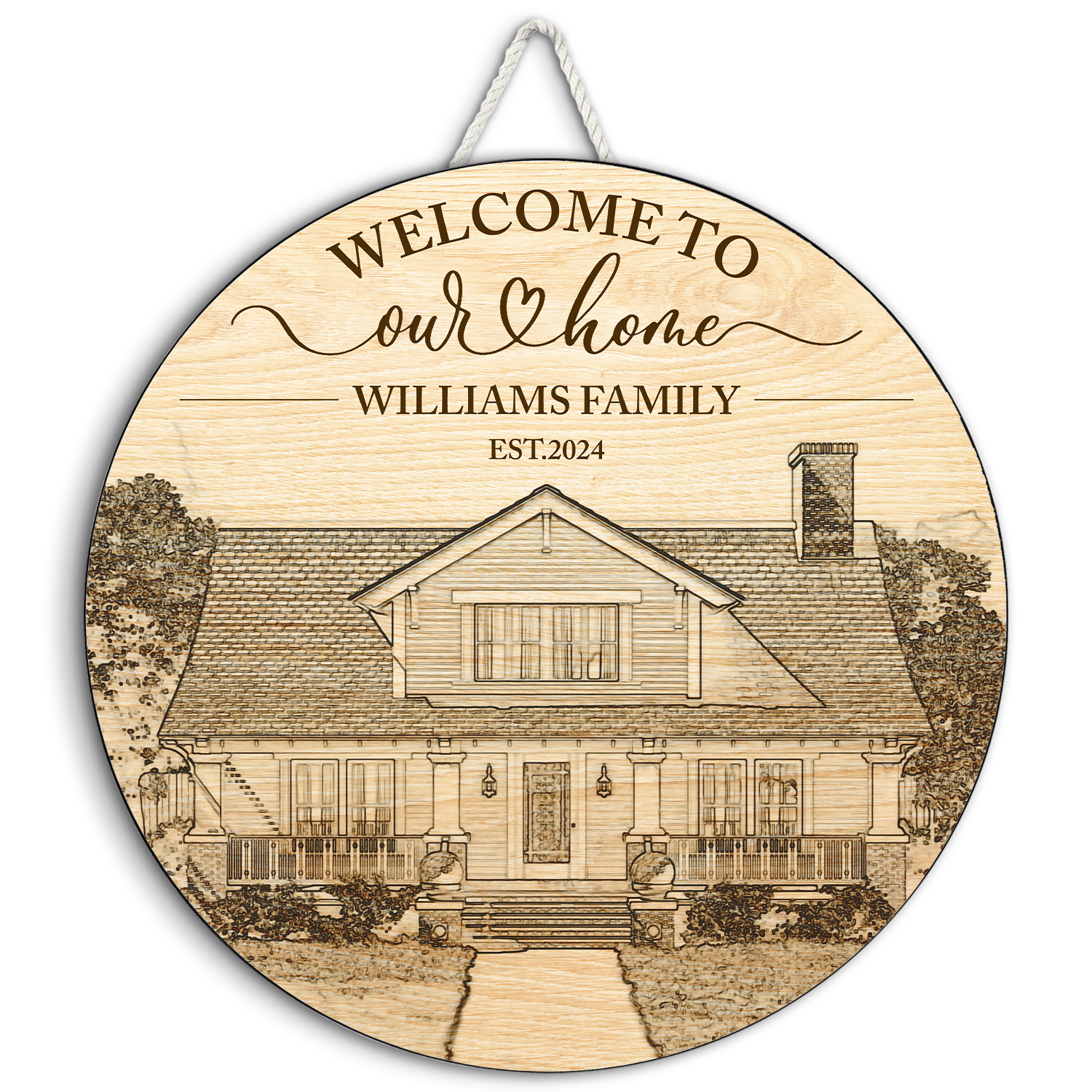 House Portrait Engraved on Round Wooden Sign, House Sketch Style