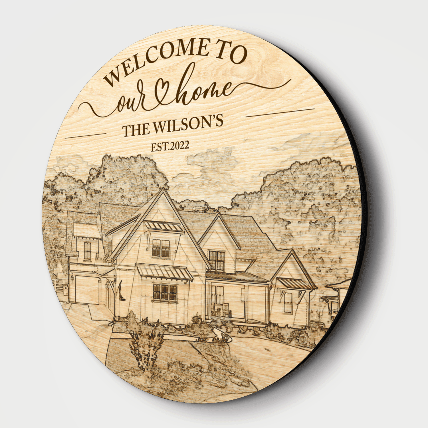 House Portrait Engraved on Round Wooden Sign, House Sketch Style