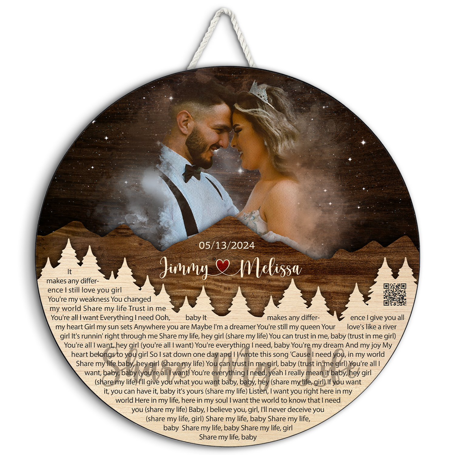 Personalized Couple Portrait & Lyrics Round Wood Sign