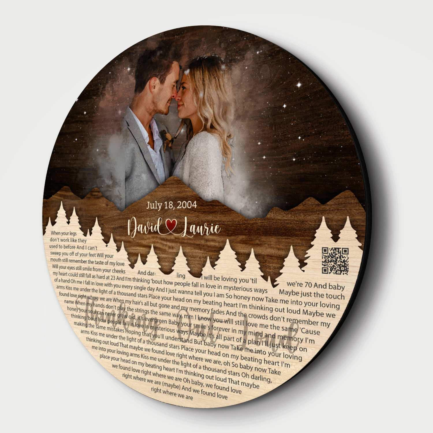 Personalized Couple Portrait & Lyrics Round Wood Sign