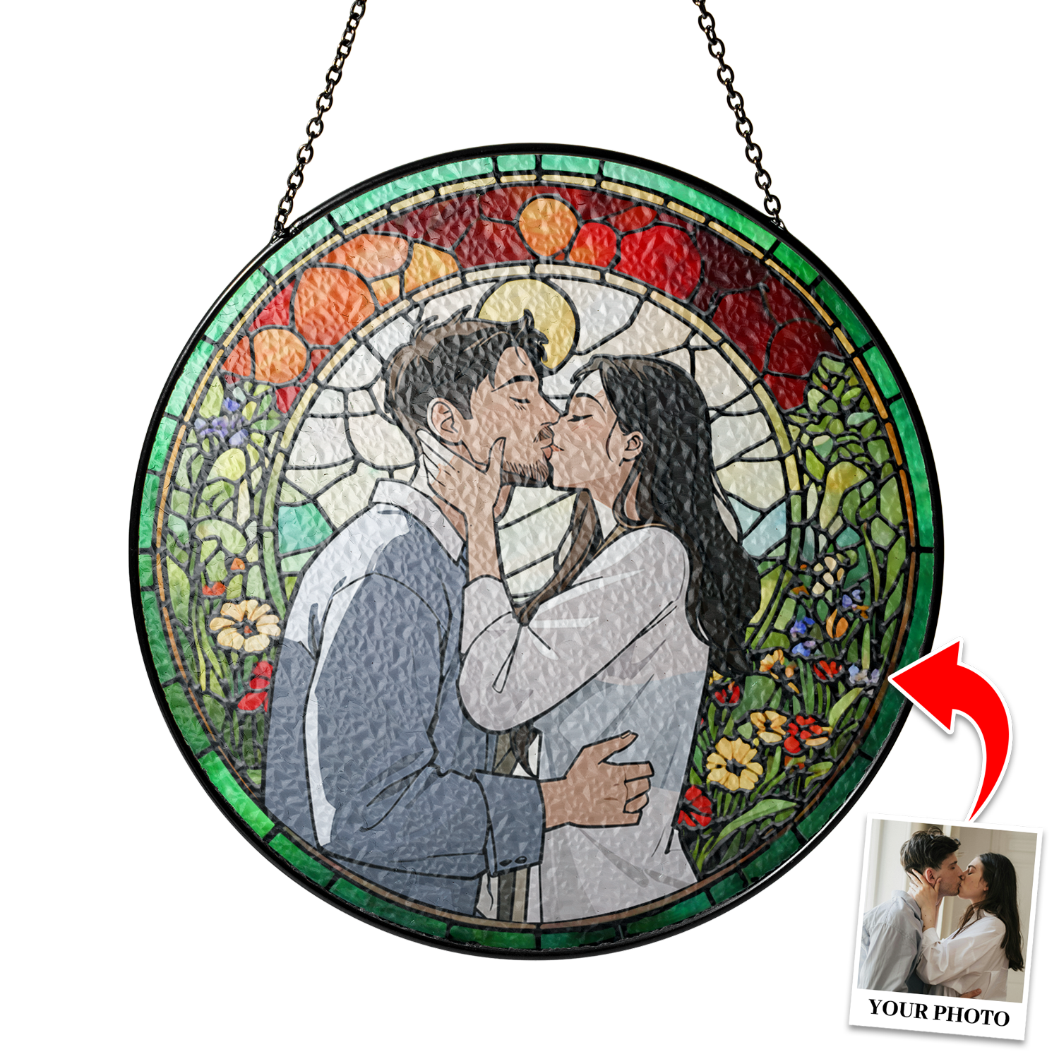 Personalized Photo and Floral Stained Glass Suncatcher