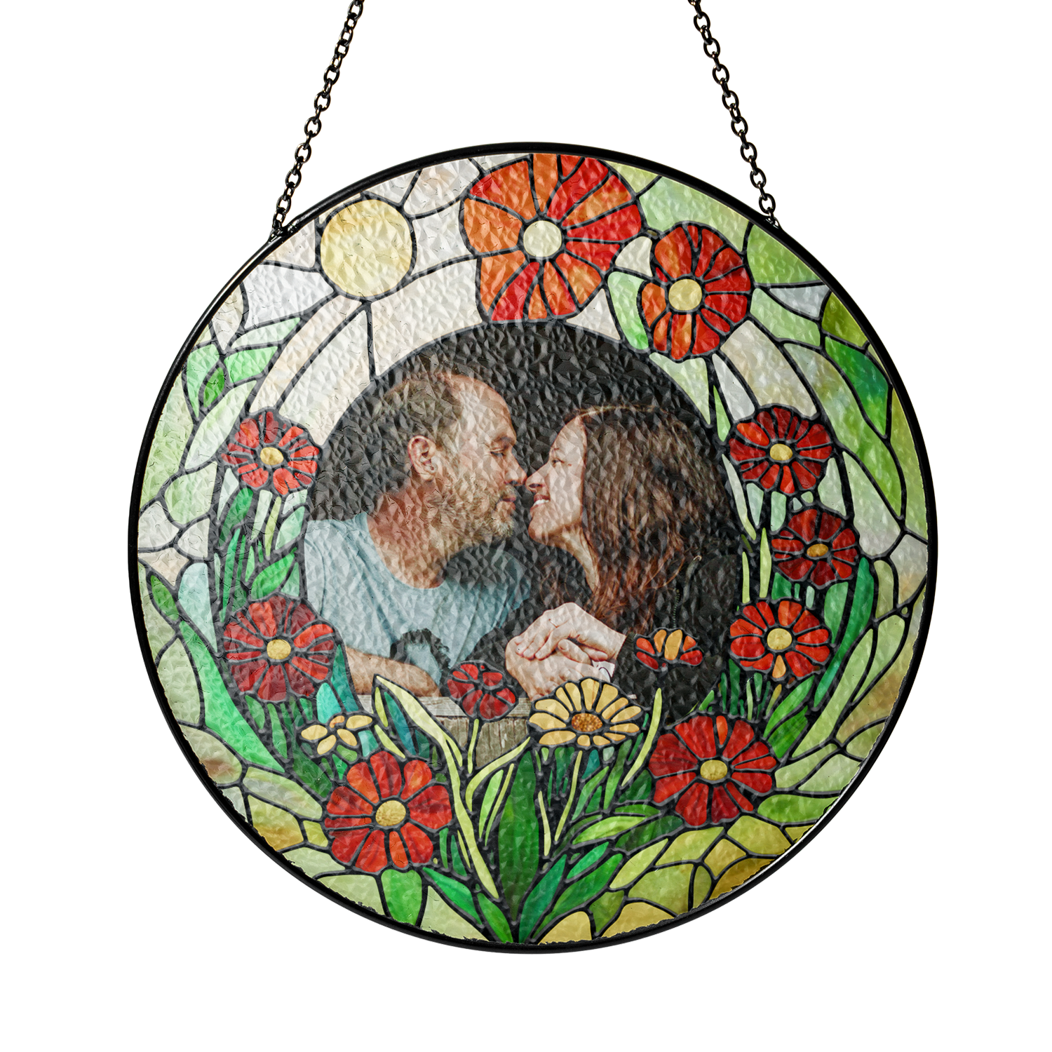 Personalized Photo with Floral Flower Stained Glass Suncatcher