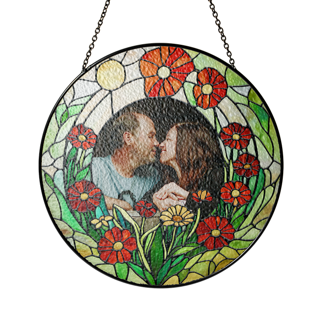 Personalized Photo with Floral Flower Stained Glass Suncatcher