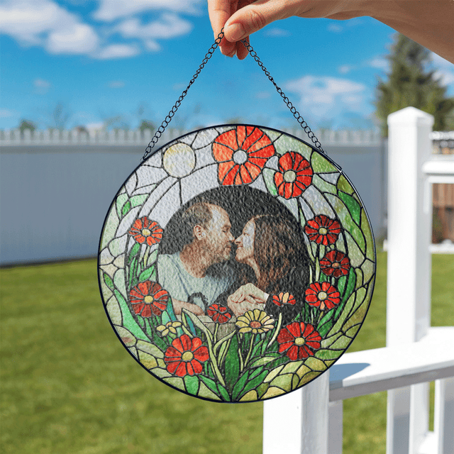 Personalized Photo with Floral Flower Stained Glass Suncatcher