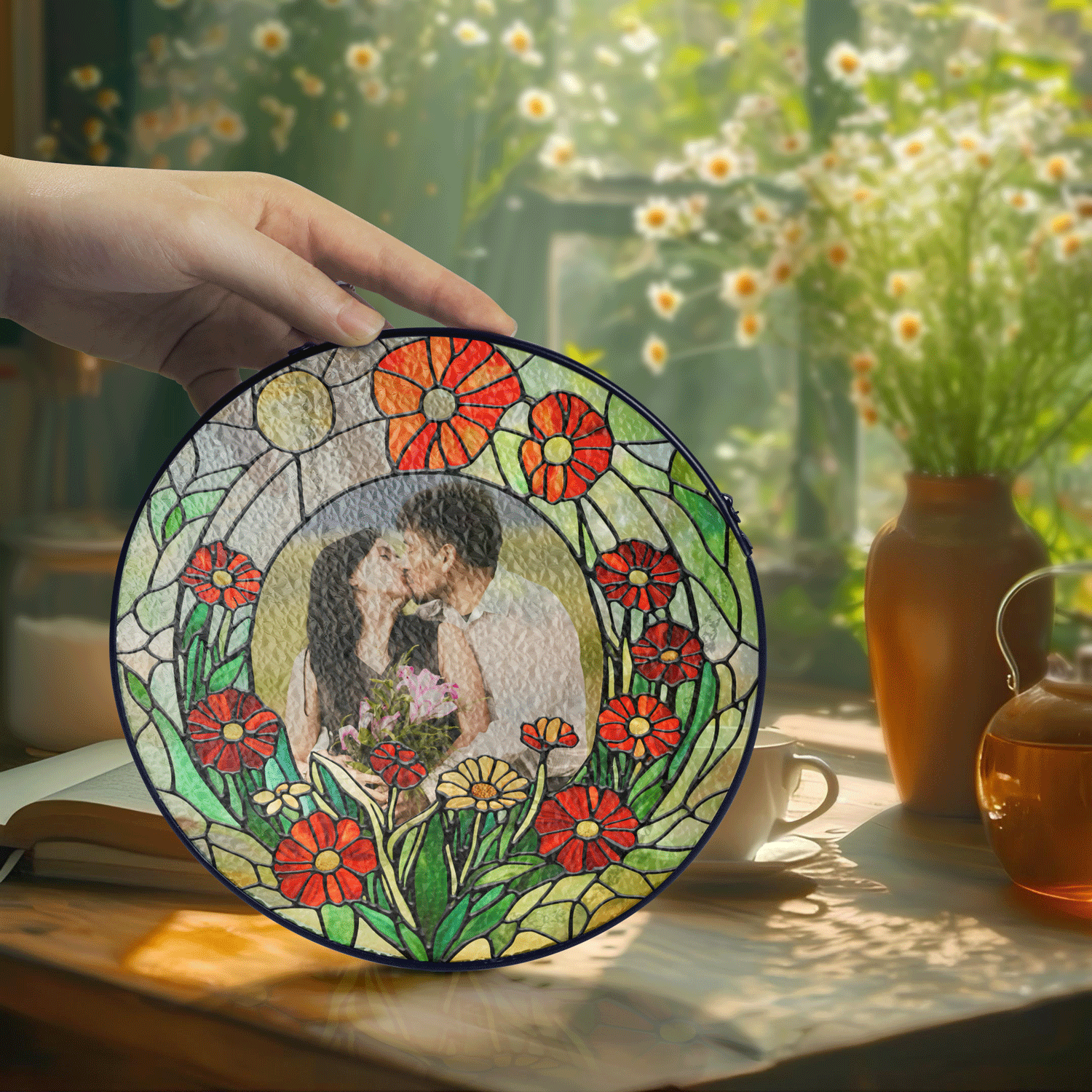 Personalized Photo with Floral Flower Stained Glass Suncatcher