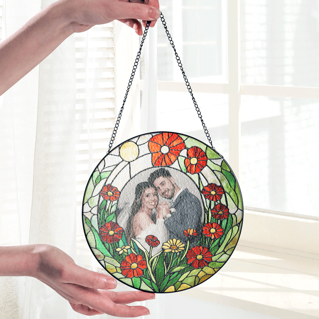 Personalized Photo with Floral Flower Stained Glass Suncatcher