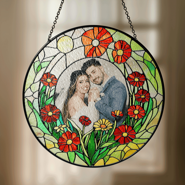 Personalized Photo with Floral Flower Stained Glass Suncatcher