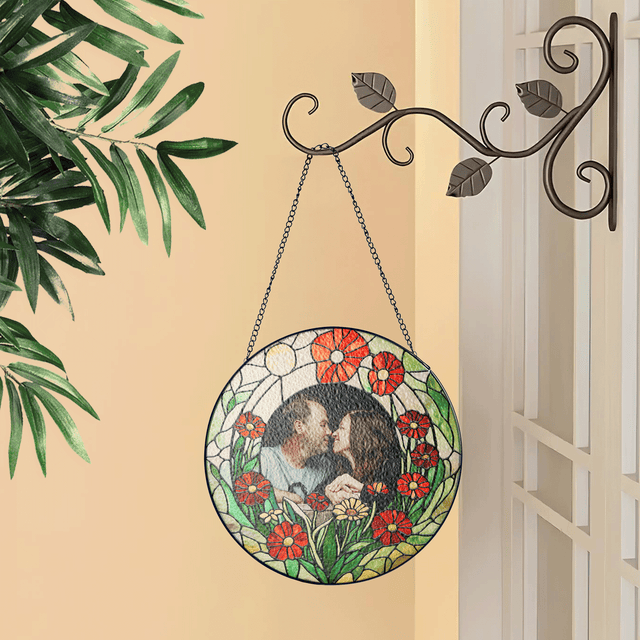 Personalized Photo with Floral Flower Stained Glass Suncatcher